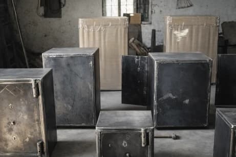 Unfinished safe bodies lined up during production at Jay Safe